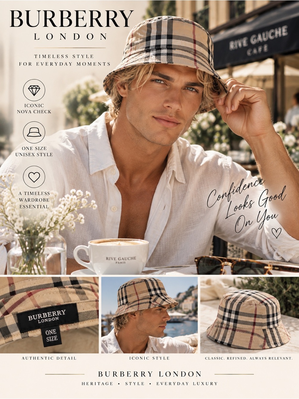 Burberry Beige Nova Check Bucket Hat with Black & Red Accents